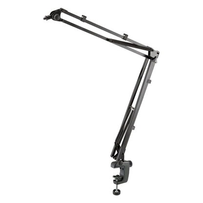 23840 microphone desk arm angled view, black steel boom with spring-balanced arm segments and a table clamp with a threaded mic mount at the tip, K&M