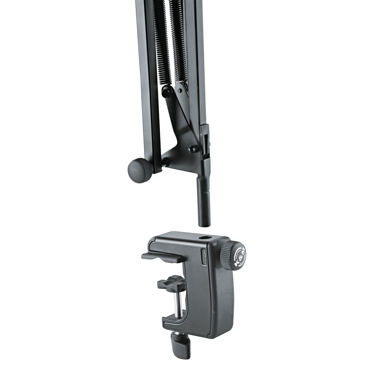 23840 desk arm table clamp detail, showing the arm's base post separated from the clamp, with a knurled lock knob and screw clamp, K&M