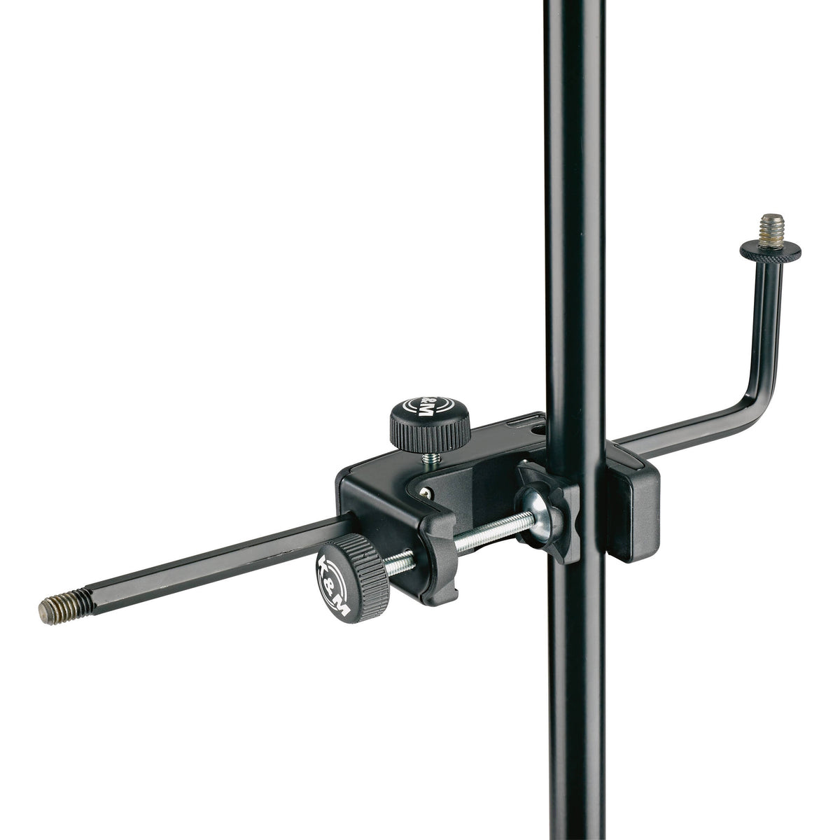 24050 universal microphone holder clamped to a vertical stand tube, side view with the L-shaped arm and threaded stud pointing up and clamp knobs showing, K&M
