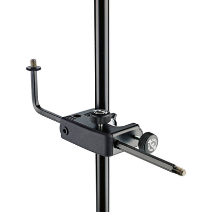 24050 universal microphone holder clamp mounted on a stand pole, front view of the rubberised clamp body with K&M knobs and upturned threaded arm, K&M