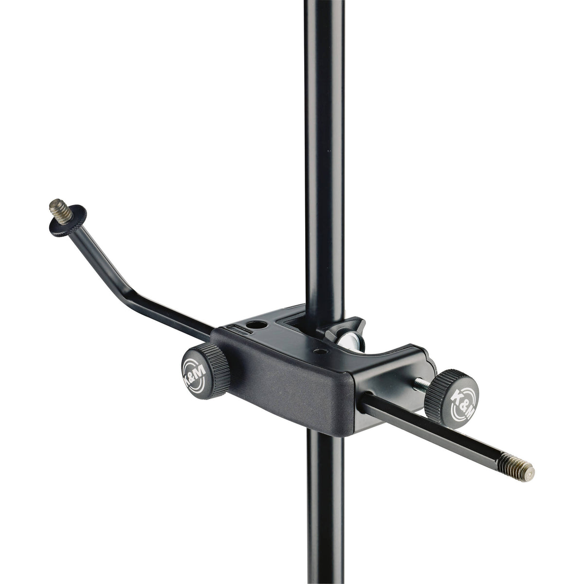 24050 universal microphone holder on a stand tube with the angled arm tilted upward, showing both K&M-branded clamp knobs and the threaded rod end, K&M
