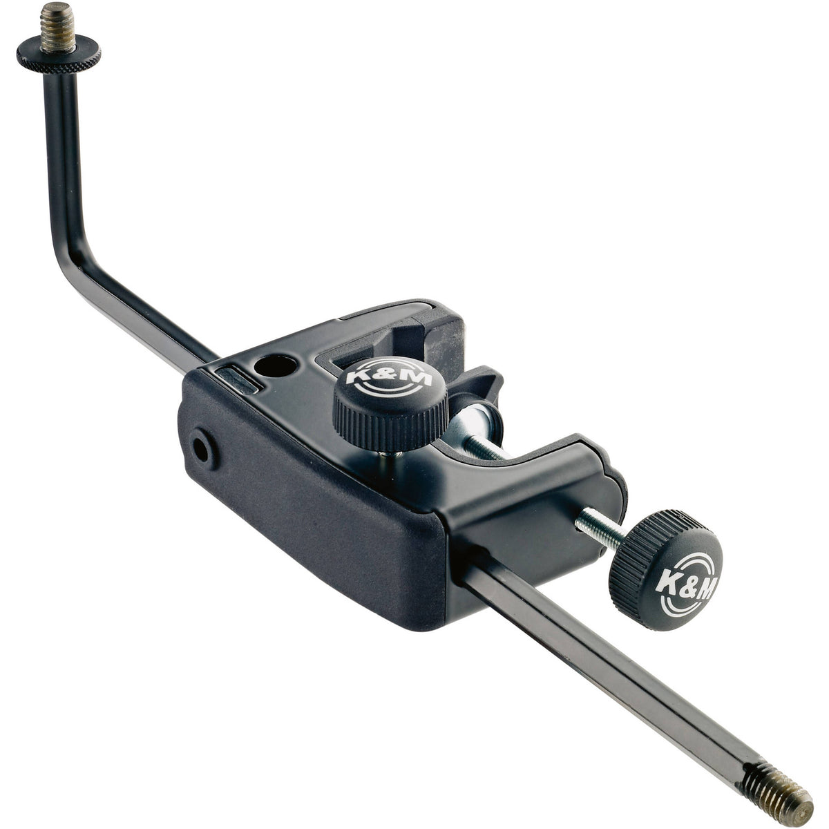 24050 universal microphone holder isolated on white, three-quarter view of the clamp body with two K&M knurled knobs and bent threaded mounting arm, K&M