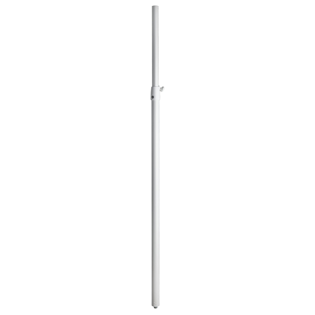 24623 distance rod full-length front view in pure white with clamp collar and locking knob at the telescoping joint, K&M