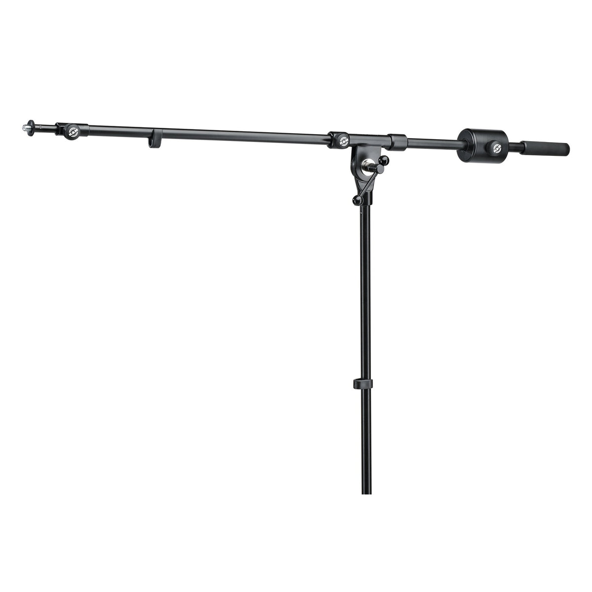 25530 telescopic boom arm fully retracted showing the compact inner tube, clamping knobs and rear counterweight, K&M