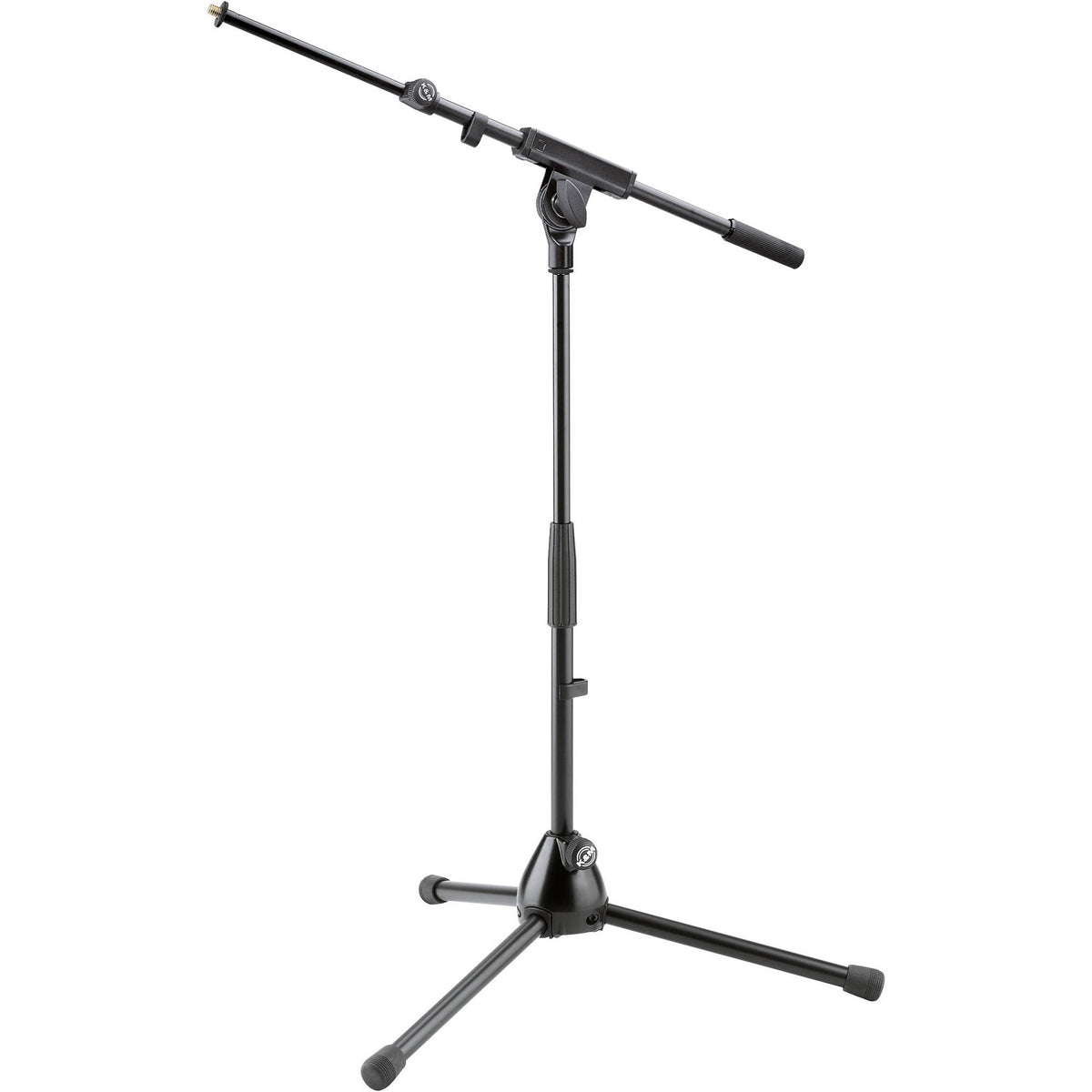 25977 low-level tripod mic stand full front three-quarter view with telescoping boom arm extended and folding tripod legs with rubber feet, K&M