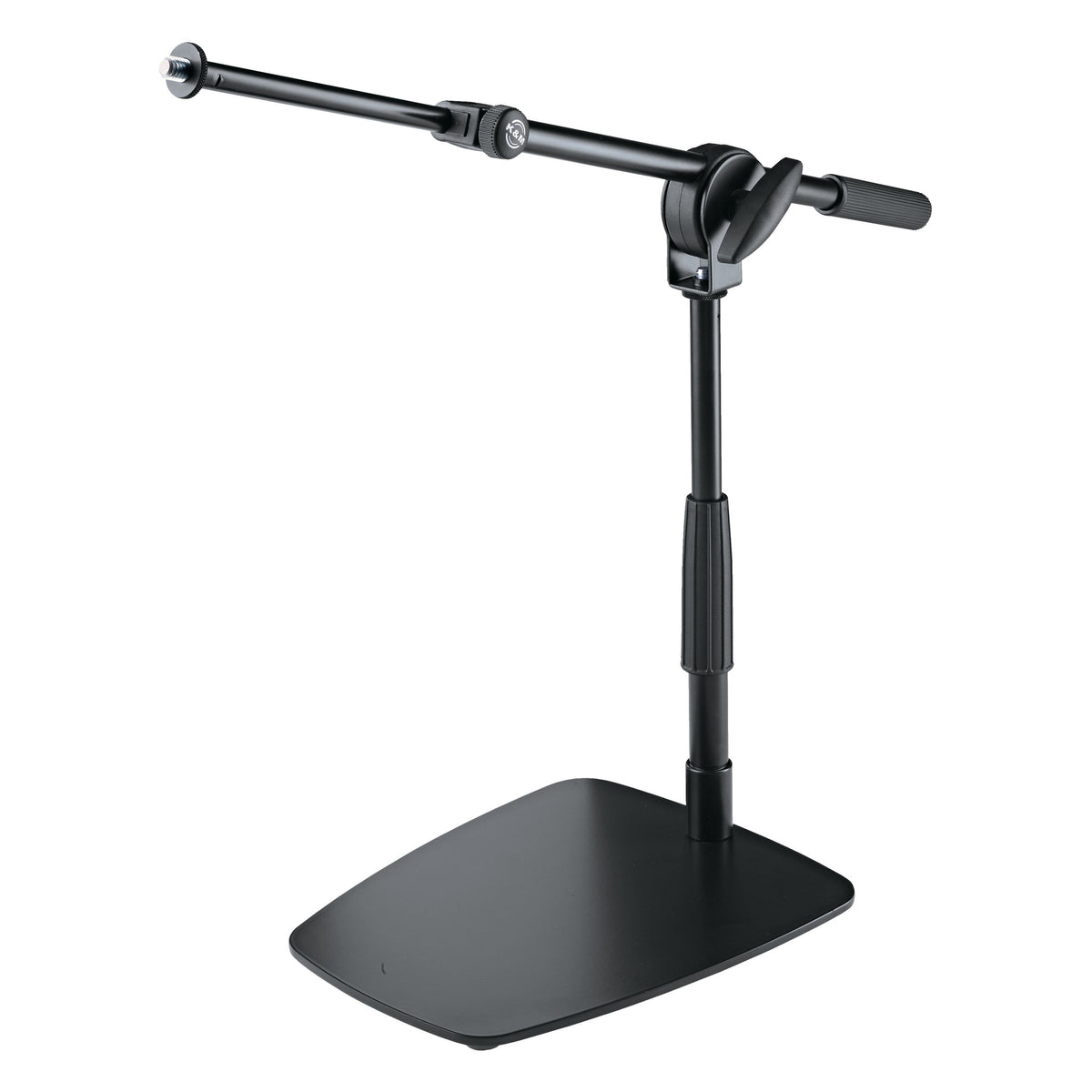25993 low-profile mic stand front three-quarter view with telescopic boom extended left and flat black base, K&M
