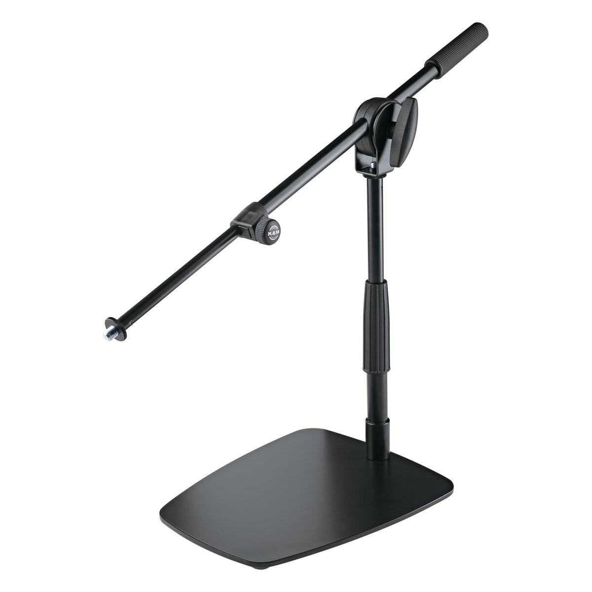 25993 low-profile mic stand opposite angle showing boom arm with K&M-branded tightening knob and 3/8 inch threaded end, K&M