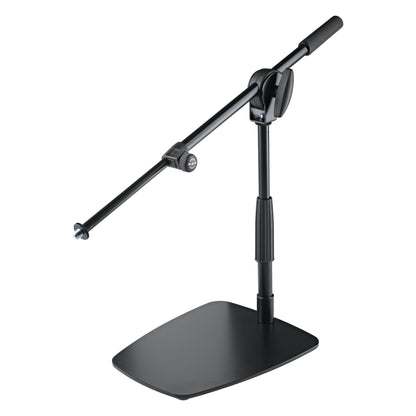 25993 low-profile mic stand opposite angle showing boom arm with K&M-branded tightening knob and 3/8 inch threaded end, K&M