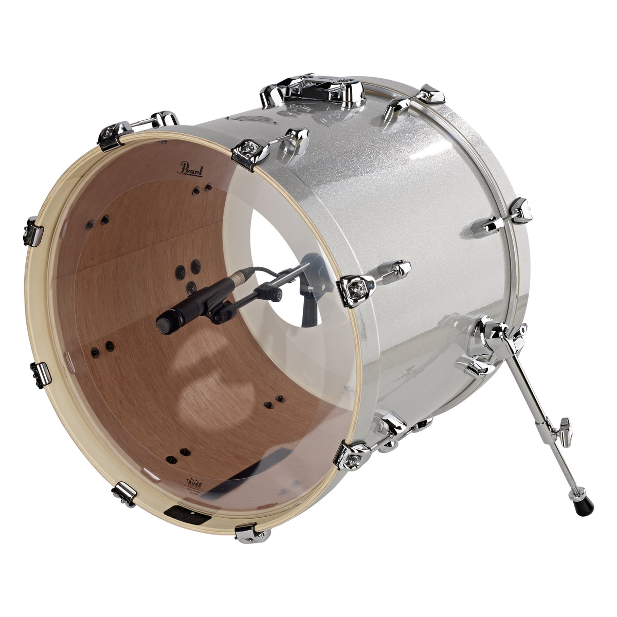 25993 low-profile mic stand holding a microphone inside a Pearl bass drum through the resonant head port hole, K&M