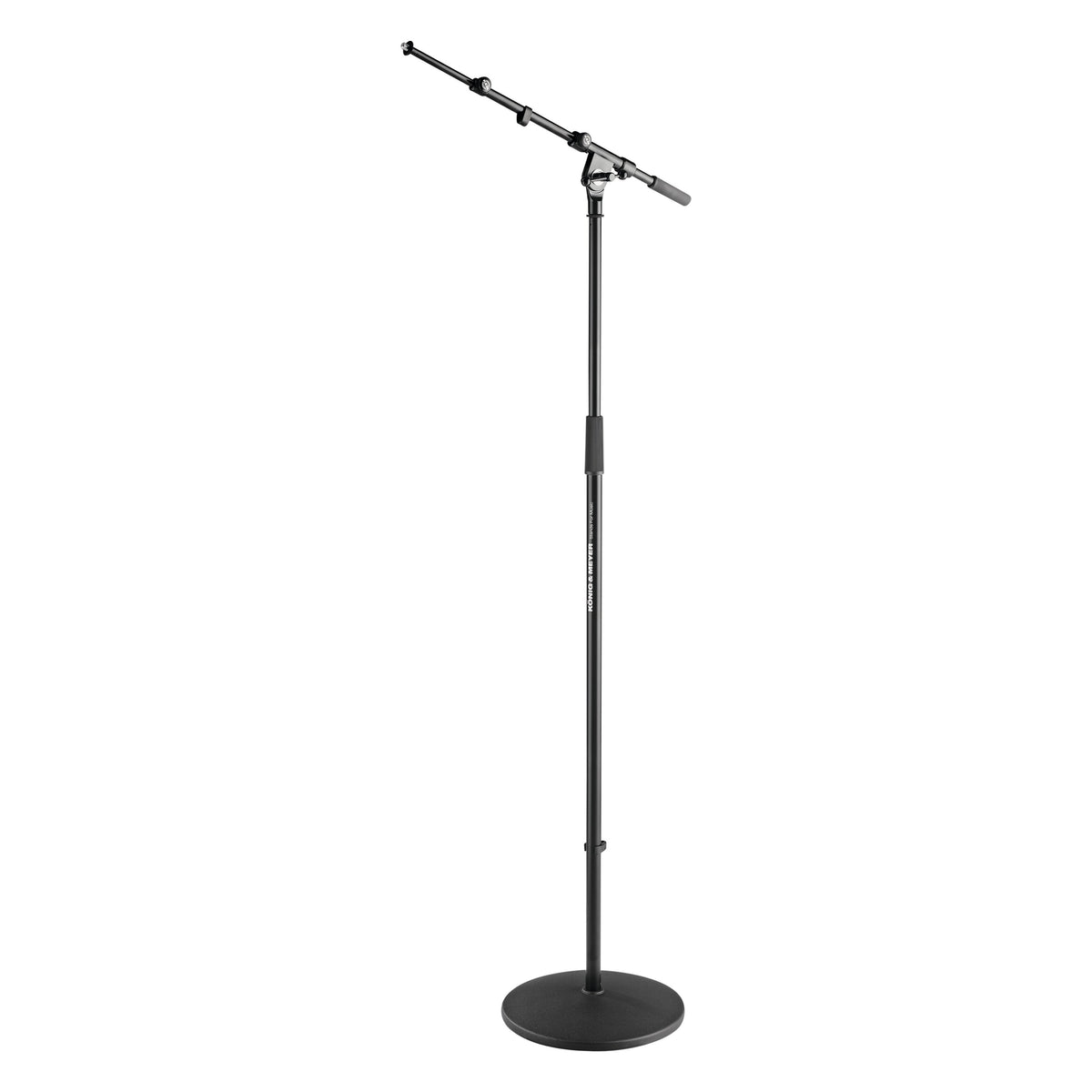 26145 Topline mic stand full front view with round cast base, extended telescopic boom arm and König & Meyer branding on the upright, K&M