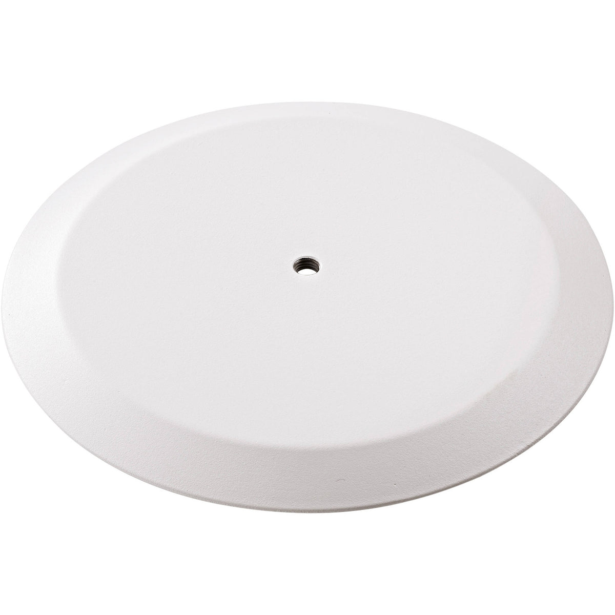 26700 cast iron round base top-down angled view in pure white with threaded M20 center socket for distance rods, K&M