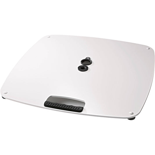 KM 26705.000.76 square steel speaker stand base plate in white, angled top view showing center tube socket, locking screw and molded carry handle, K&M
