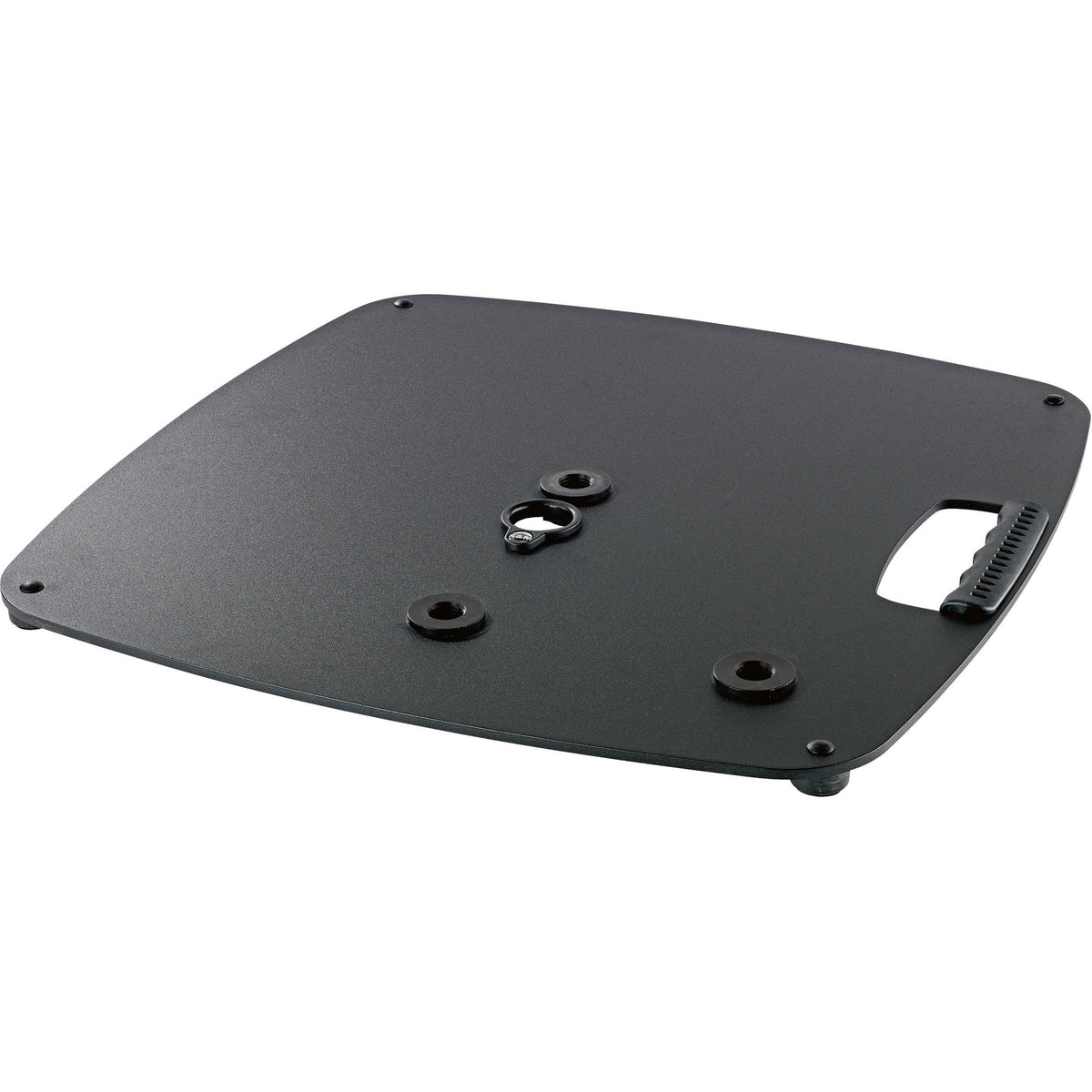 KM 26706.000.56 steel base plate angled view showing three mounting sockets and molded carry handle, K&M