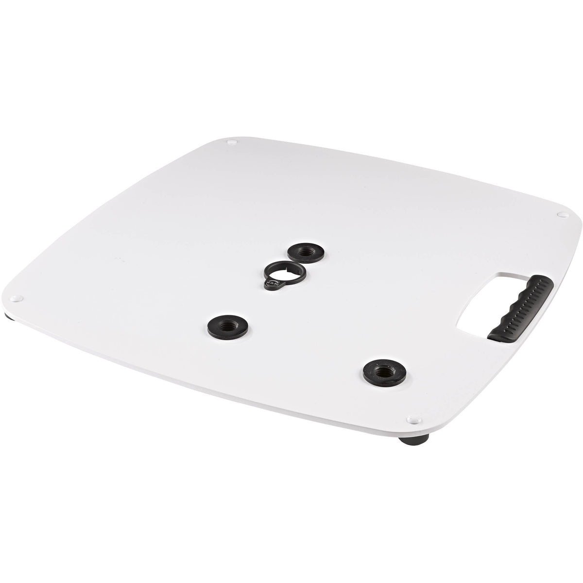 KM 26706.000.76 white cast steel speaker stand base plate, angled top view showing multiple threaded mounting sockets and black carry handle grip, K&M