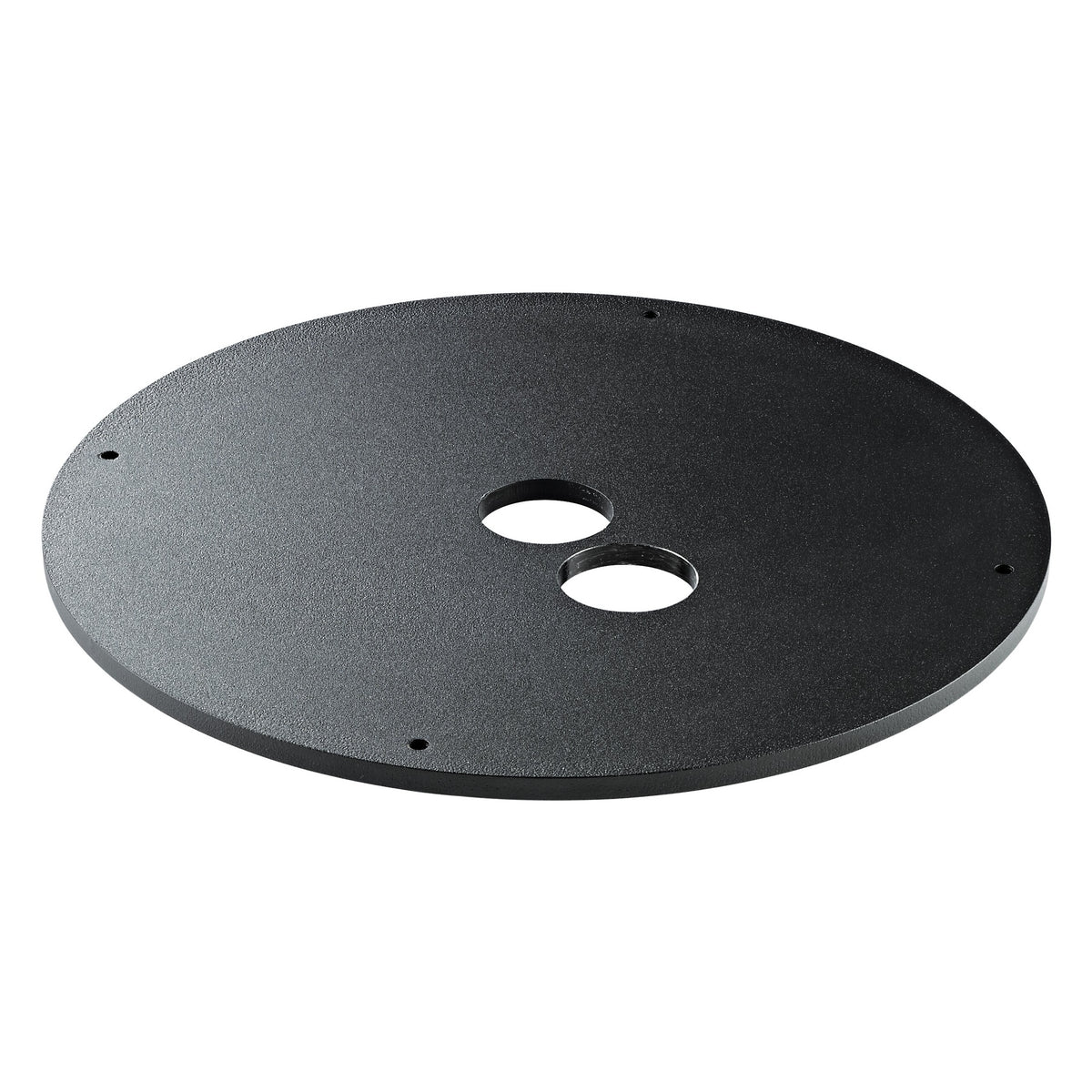 26709 additional weight plate angled top view showing round black textured disc with two center holes and four small screw holes, K&M