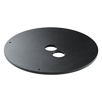 26709 additional weight plate angled top view showing round black textured disc with two center holes and four small screw holes, K&M