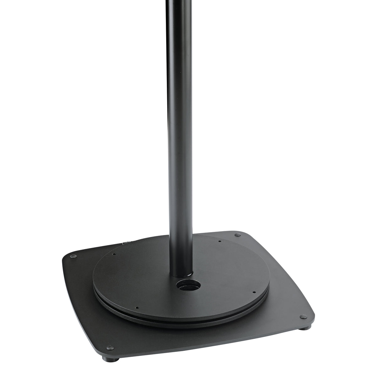 26709 weight plate fitted on square speaker stand base plate with stand tube passing through the center hole, K&M