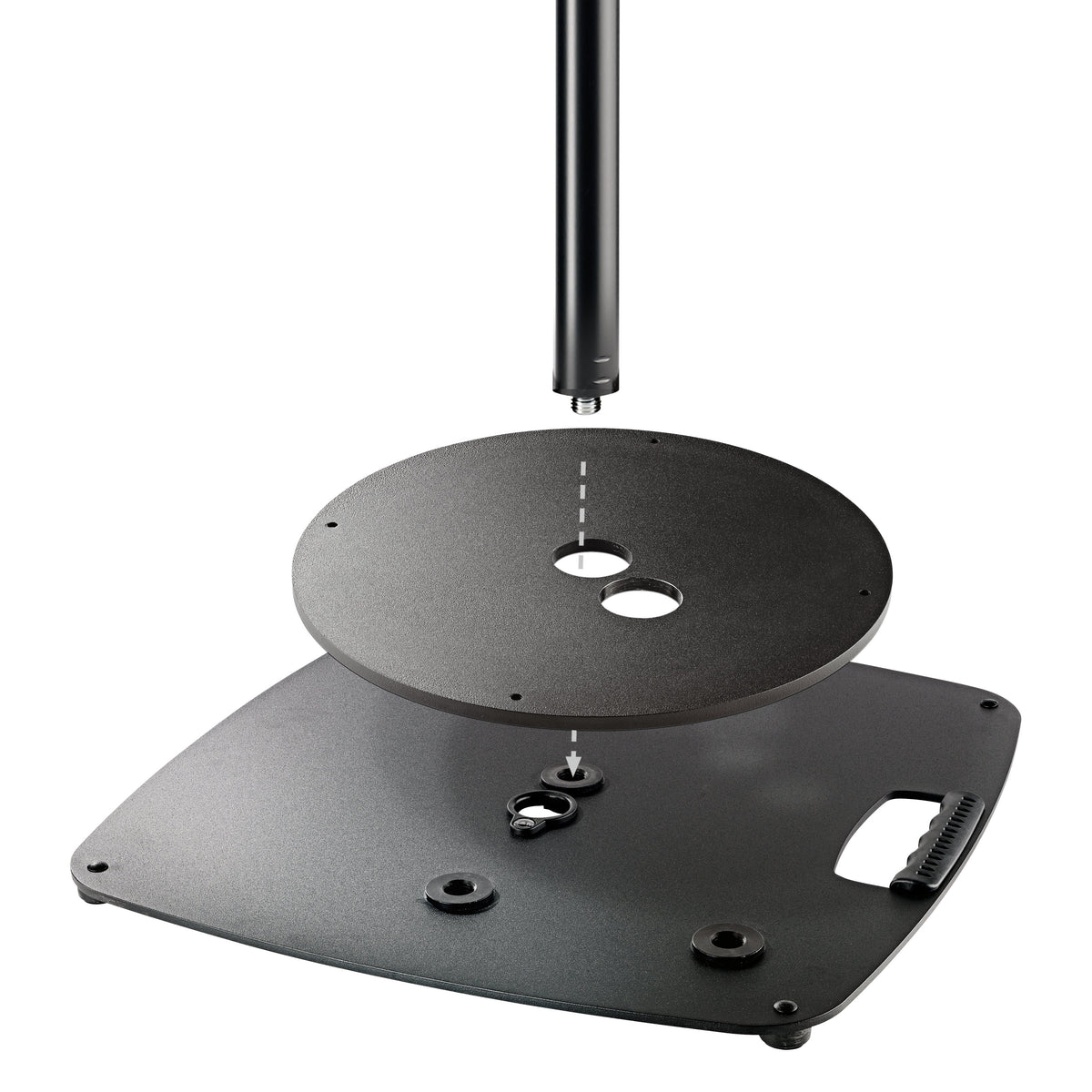 26709 weight plate exploded assembly view positioned above stand base plate with carry handle and alignment arrow, K&M