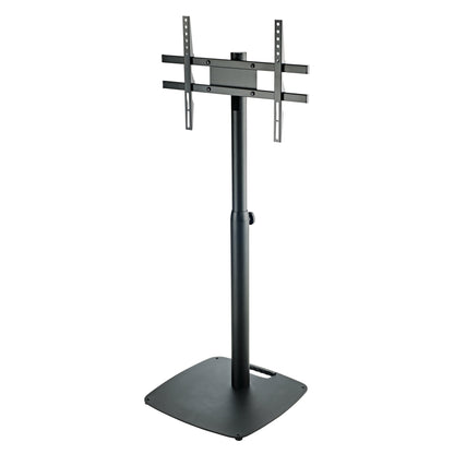 26782 VESA monitor stand three-quarter view without screen, showing VESA mounting bars, height-adjustment clamp knob on the telescopic column and square steel base with carry handle, K&M