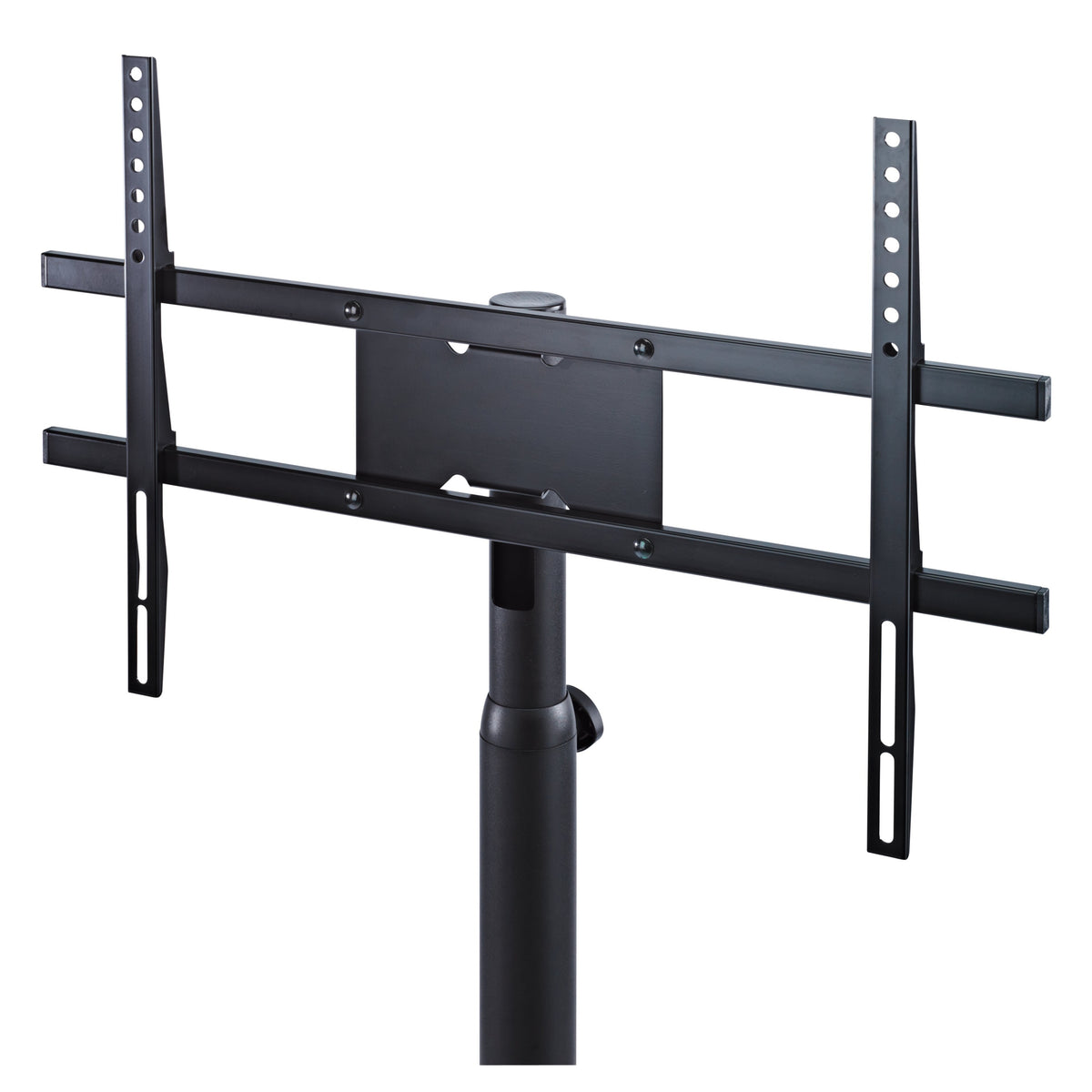 26783 monitor stand mounting bracket detail showing vertical slotted VESA rails, horizontal crossbars and clamp knob on telescoping column, K&M