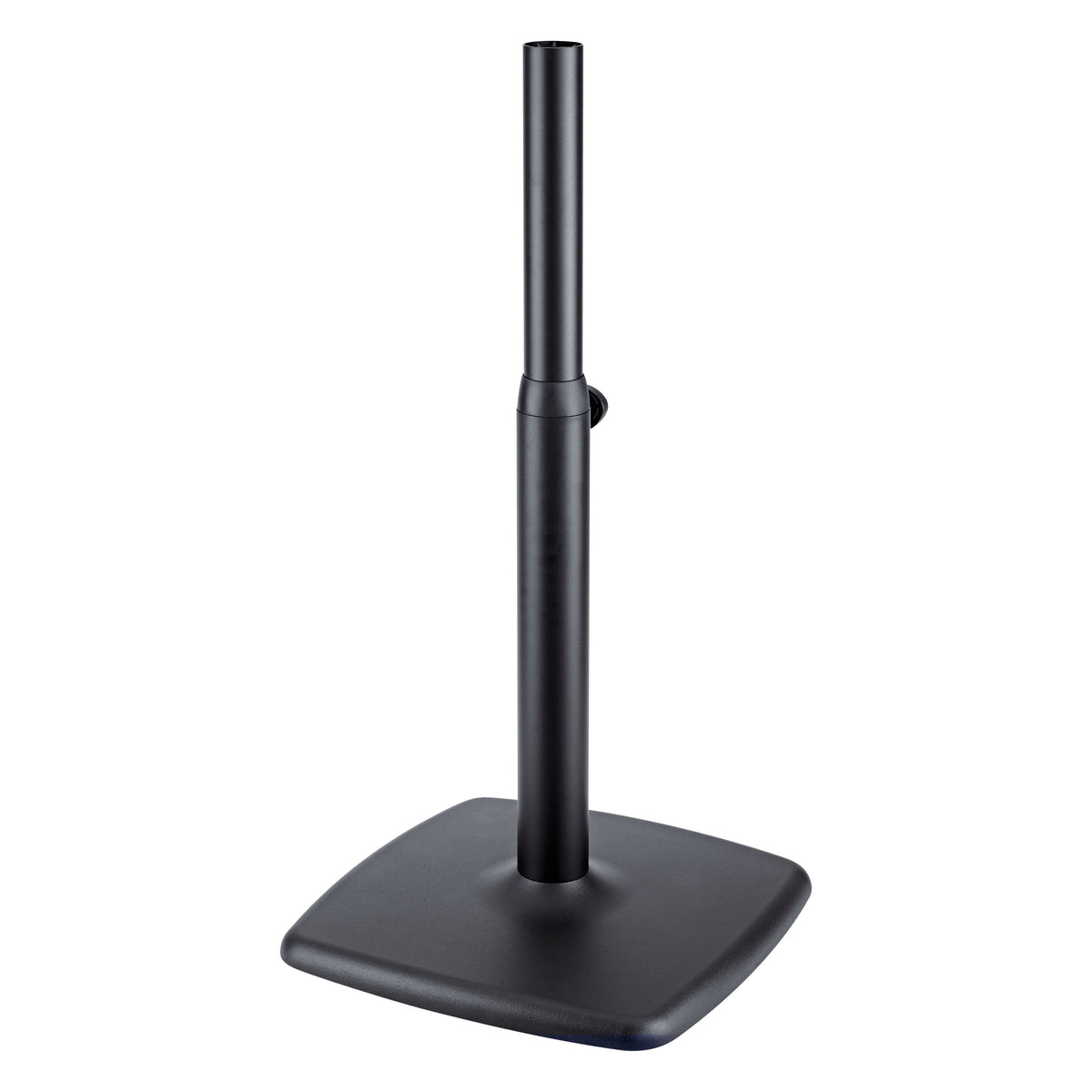 26791 monitor stand full front view with black telescoping steel tube and square cast iron base, K&M