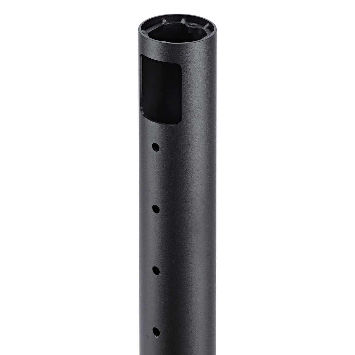 26791 monitor stand upper tube close-up showing cable cutout slot and row of drilled holes, K&M