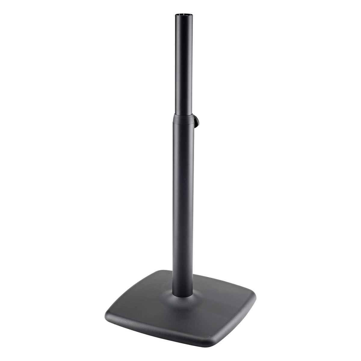 26795 monitor stand full front view with telescoping steel column and clamp knob on a square cast base in structured black, K&M