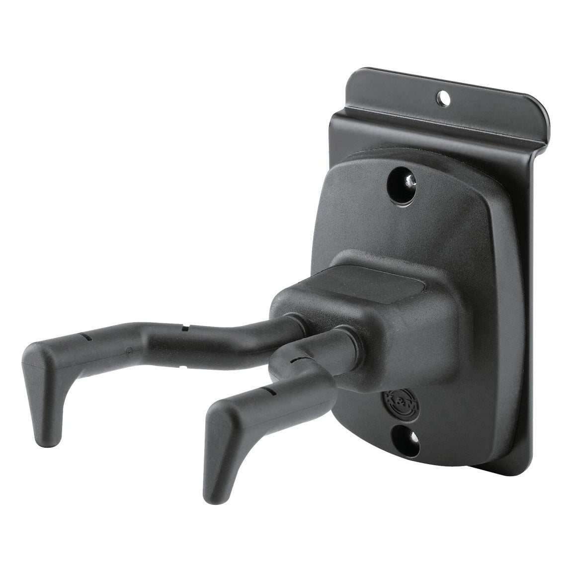 44140 Spacewall guitar holder angled front view showing two black padded yoke arms and slatwall mounting plate with screw holes, K&M