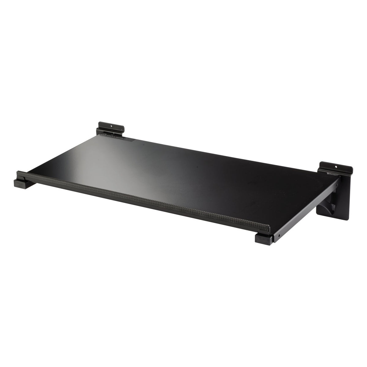 44155 aluminum slat wall tray, three-quarter front view showing black flat shelf with textured front lip and slat wall mounting hooks, K&M