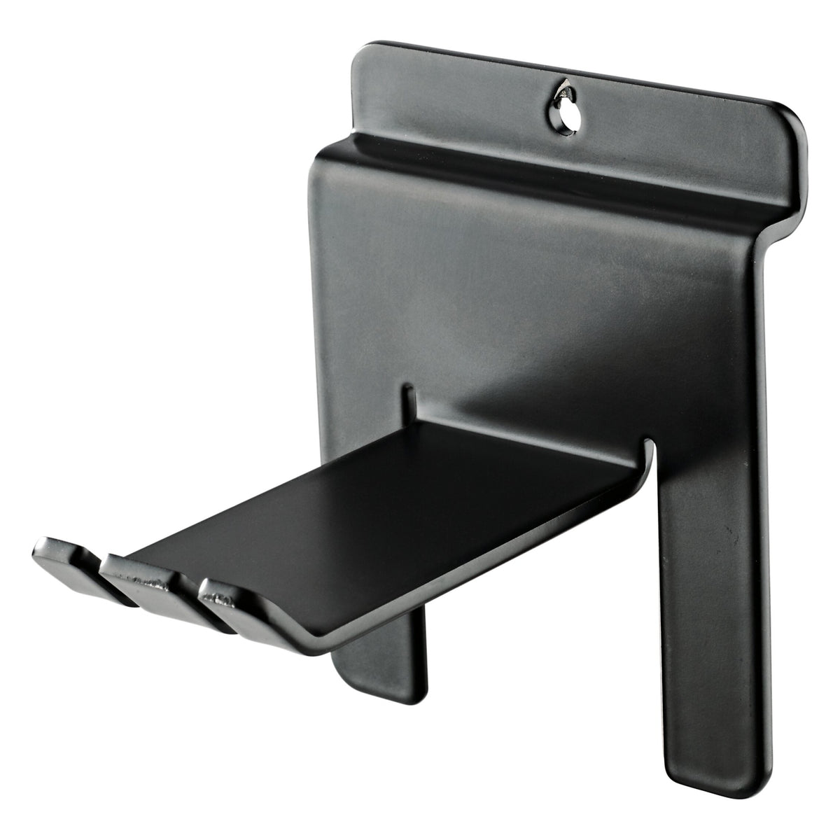 44198 headphone holder angled front view showing black steel slat wall hook plate with screw hole and flat shelf with three raised front lips, K&M