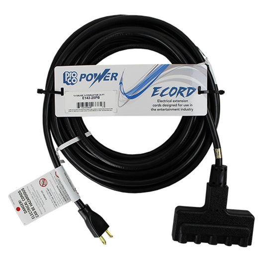 ProCo Sound E-Cords 14GA extension cord coiled with three-outlet power block and hang tag warning label