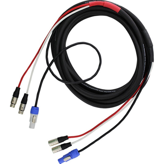ProCo Sound EC5 Siamese Twin audio/power cable coiled with XLR and blue and gray power connectors on both ends