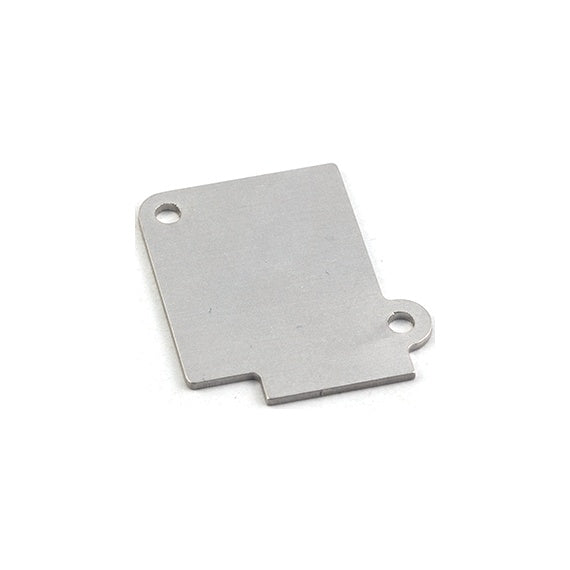 27080 Dante port cover plate for M2TND mixer, top-down angled view of flat brushed metal plate with two mounting screw holes and a notched corner, Lectrosonics