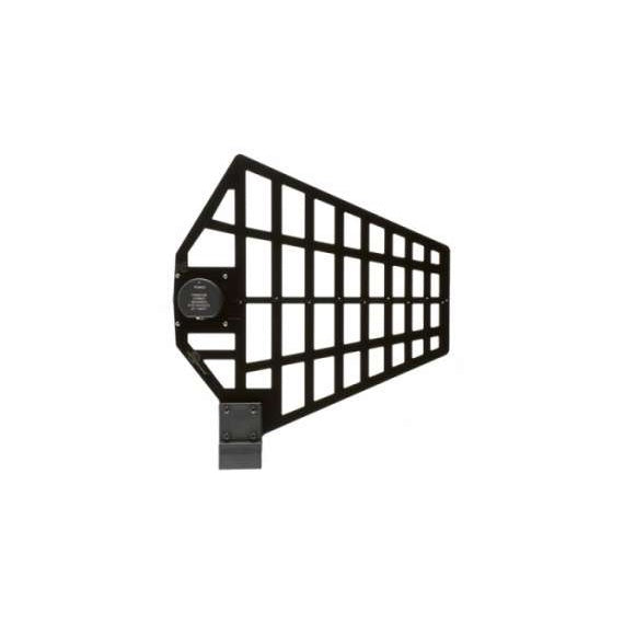 ALP650 LPDA remote antenna angled front view showing black trapezoidal grid element, round onboard amplifier housing and mounting bracket at base, Lectrosonics