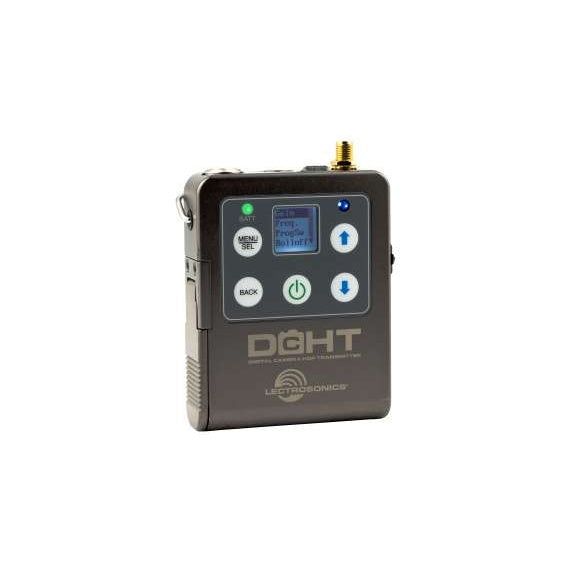 DCHT stereo digital UHF transmitter front view showing LCD menu screen, MENU/SEL, BACK, power and up/down buttons, battery LED and SMA antenna connector, Lectrosonics