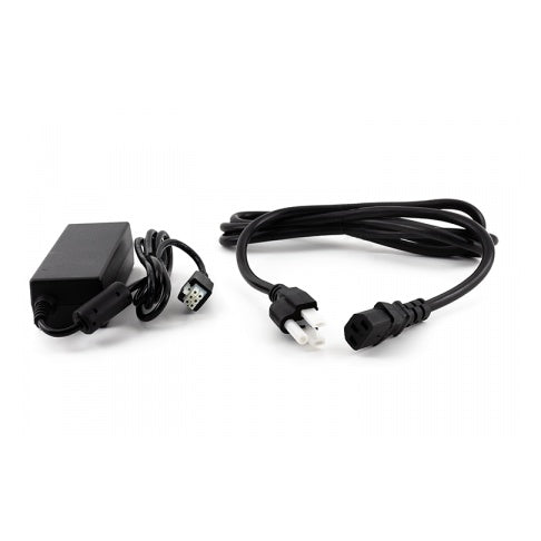 DCR5/9AU AC/DC power supply with detachable AC power cord, showing black adapter brick, ferrite core on the DC lead and multi-pin connector, Lectrosonics