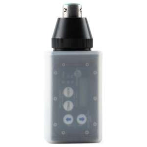 Plug-on transmitter silicone cover front view with clear sleeve fitted over the body, showing control buttons and XLR connector at top, Lectrosonics