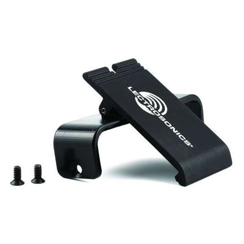 IFBR1BBCSL spring loaded belt clip angled view with Lectrosonics logo on black clip arm and two mounting screws beside it, Lectrosonics