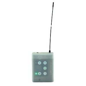 Silicone transmitter cover front view fitted on bodypack transmitter with antenna raised and green status LED lit, Lectrosonics