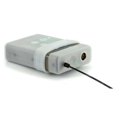 Silicone transmitter cover angled view showing retaining band around bodypack body and input connector end with antenna attached, Lectrosonics