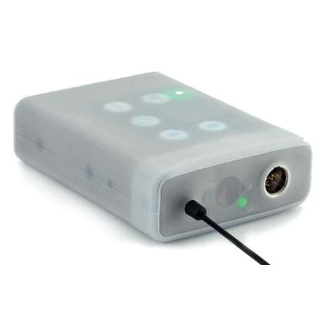Silicone transmitter cover angled top view with translucent button overlays and open end showing input connector and green LED, Lectrosonics