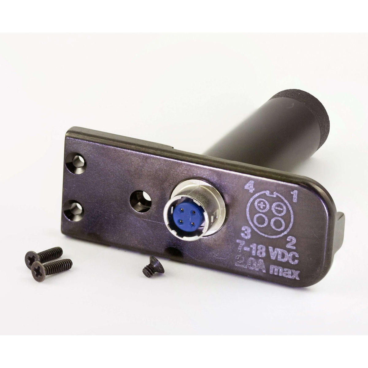 LRBATELIM battery eliminator end plate with 4-pin Hirose-style power jack and pinout marked 7-18 VDC 2.0A max, three black mounting screws beside it, Lectrosonics