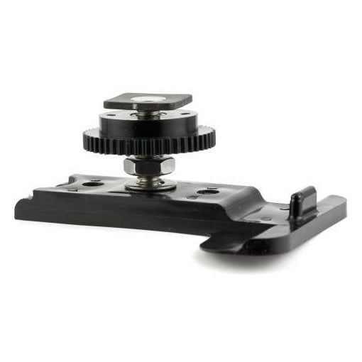 LRSHOE camera shoe mount angled view showing black bracket plate with knurled locking wheel, hex nut and threaded stud under the shoe plate, Lectrosonics