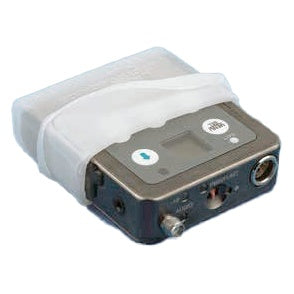 LT silicone cover partly fitted on bodypack transmitter, angled top view showing the display, antenna connector and input jack at the exposed end, Lectrosonics