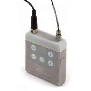 LT silicone protective sleeve fully covering bodypack transmitter, front view with translucent body over the control buttons and cables attached to the top connectors, Lectrosonics