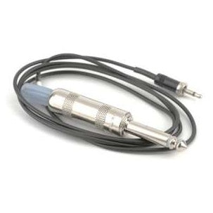 MC44 37-inch adapter cable coiled, showing nickel knurled 1/4-inch mono plug and locking micro plug on black cable, Lectrosonics