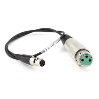 MCAES3 TA5F to XLR-F AES digital input cable adapter, full product view showing coiled black cable with mini TA5F connector on one end and nickel XLR female with green insert on the other, Lectrosonics