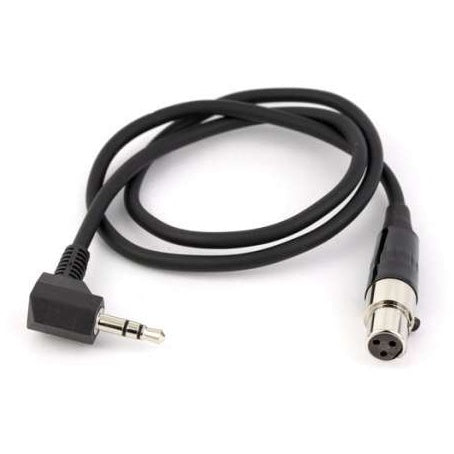MCLRTRS TA3F to 3.5mm TRS output cable coiled, showing right-angle 3.5mm plug and 3-pin TA3F female connector on black cable, Lectrosonics