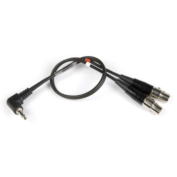 MCSRTRS dual TA3F to TRS camera input cable, full coiled view with right-angle 3.5mm TRS plug and two TA3F female connectors with red and white identification bands, Lectrosonics