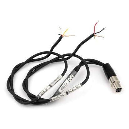 TA6F 18 inch balanced output cable, overall view of coiled cable with TA5F-style female mini connector and dual pigtail leads with stripped red, yellow and bare wires and channel-labelled wire tags, Lectrosonics